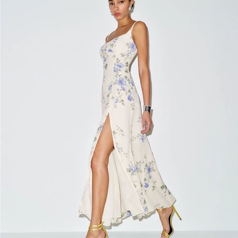 Reformation Cream Floral Slip Maxi Dress with Blue & Green Accents